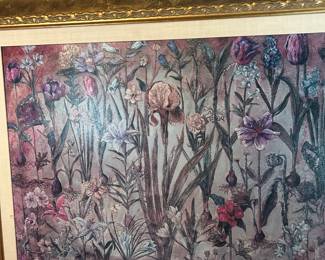 #64 Blue wild flowers print in gold frame 48x39 $75.00