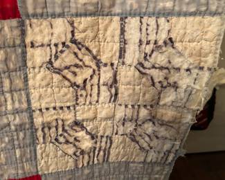 #138 79x67 scrappy quilt red white blue $50.00