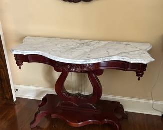 #21 Harp wood table with marble top 40x18x26 $175.00