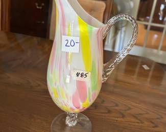 #85 white pink yellow pitcher blown glass 13 inches $20.00