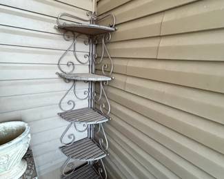 #170 corner metal and fake wood shelf 5 shelves 16x16x75 $30.00