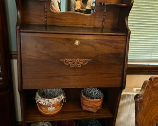 #26 wood secretory with drop front shelves and cubbies 32x12-26x61 $100.00