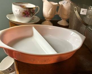 #112 Pyrex pink snowflake divided casserole dish with lid $50.00