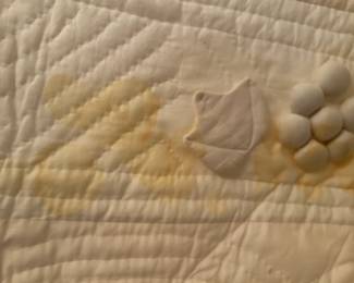 #148 machine made cream with fruit puff on top as is stained w 2 shames 90x88 $75.00