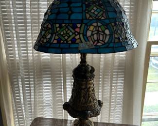 #9 tiffany style lamp with gold angel pass blue rose shade 32 tall $150.00