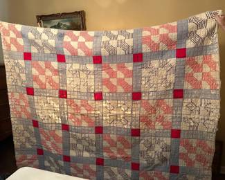 #138 79x67 scrappy quilt red white blue $50.00