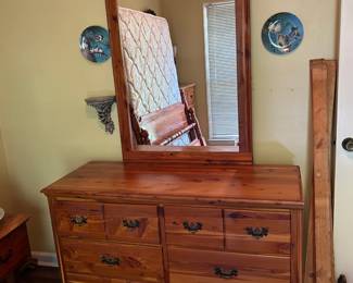 #31 cedar dresser with mirror 6 drawers 48x18x32 mirr 41x30w $75.00