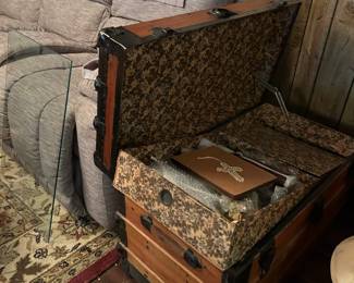 #43 wood /metal edge chest w tray and glass protective to make it a table 33x18x22 $75.00
