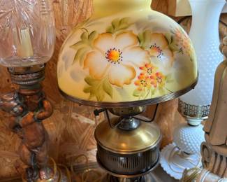 #200 yellow painted glass shade on brass base lamp 21 tall $65.00
