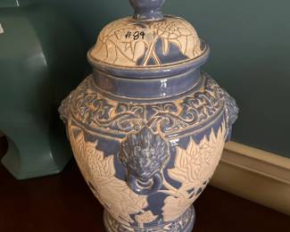 #89 blue white ginger jar with lid 16inch tall $40.00