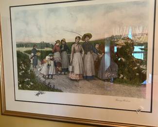 #61 Berry picking etching by Jas S King in gold frame 41x32 $40.00