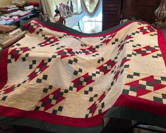 #137 machine piece hand stitched red green white square strip pattern 72x92 $100.00