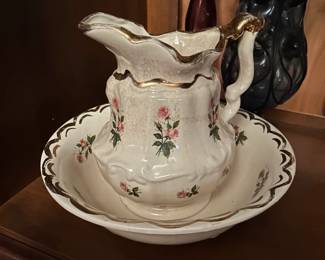 #123 1896 ceramic pitcher with bowl white with roses and gold on it 10 tall bowl13 $25.00
