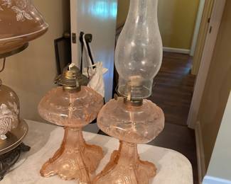 #132 pink glass lantern missing 1 globe 12 inch tall $30.00