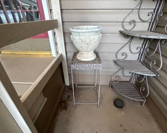 #171 concrete pot with face on it.12x12 $20.00 #172 metal square fern stand 12sqx26 $30.00