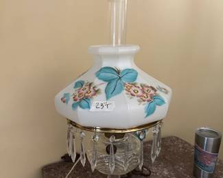 #23 hurricane lamp with painted glass shade 23 tall $100.00