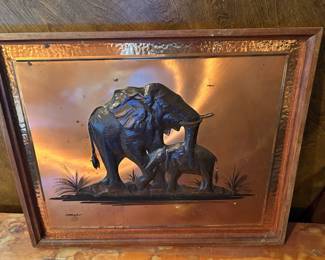 #194 25x21 copper art work of elephants signed Dennis Thomson original $40.00