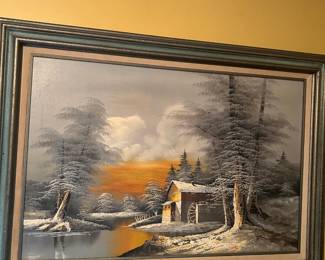 #63 Water wheel in winter painting in winter by R Douglas 43x31 $75.00