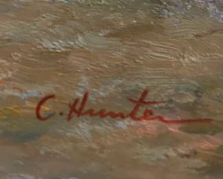 #126 Painting of lady and daughter in Medow with cottage by C. Ha signed $75.00