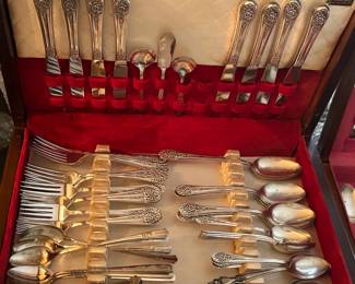 #97 Rogers mixture silver plate flatware 64 piece in wood box with drawer $120.00