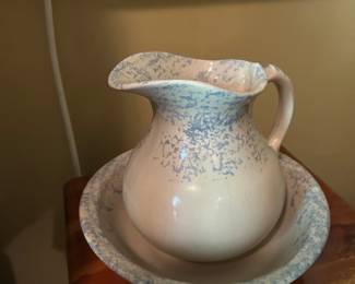 #35 bowl and pitcher blue cream USA as is chip bowl $20.00
