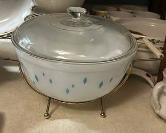#113 3 piece Pyrex style bowl with blue diamonds $25.00