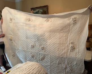 #148 machine made cream with fruit puff on top as is stained w 2 shames 90x88 $75.00