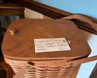#74 Longaberger small picnic basket 2 swing handles leather straps $32.00