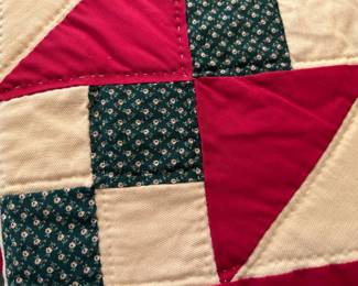 #137 machine piece hand stitched red green white square strip pattern 72x92 $100.00
