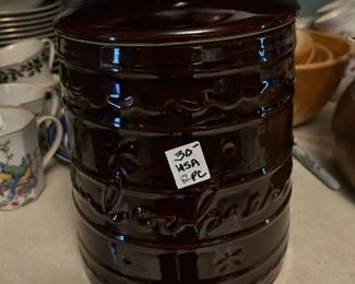 #109 USA brown cookie jar with lid, 10" tall $30.00