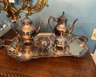 #167 6 piece silver plate tea coffee set with sugar, cream and tray $75.00