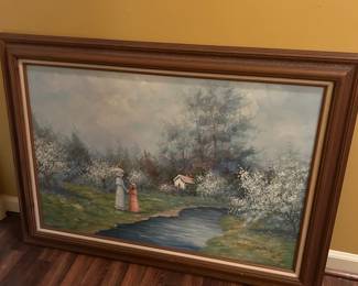 #126 Painting of lady and daughter in Medow with cottage by C. Ha signed $75.00