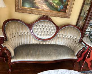 #15 blue parlor sofa with rose back 72 long $75.00