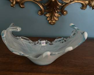 #99 light blue blown glass fruit bowl, 13 inches long $20.00