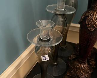 #81 3 piece glass candle holder 16 14 12 $20.00