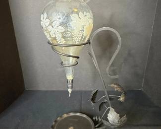 Vintage GrapeEtched Glass Wine Aerator Dispenser on Wrought Iron Stand