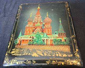 Fedoskino Lacquer Box, St. Basils Cathedral, Signed Fedoskino and . second image