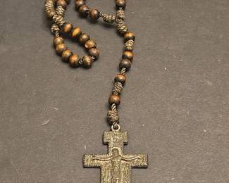 Vintage Italian Wooden Bead Rosary with Ornate Crucifix