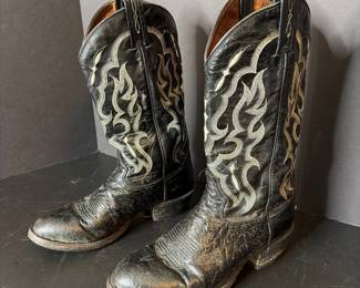 Vintage Black Leather Flame Stitch Western Cowboy Boots