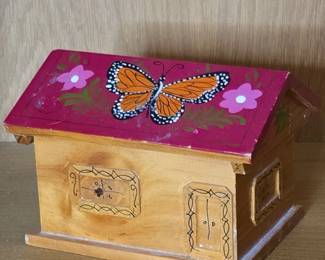 HandPainted Wooden HouseShaped Keepsake Box with Butterfly Motif