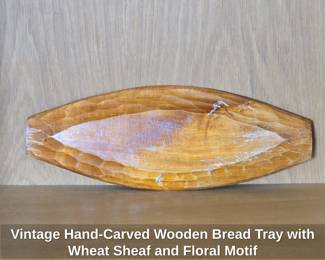 Vintage HandCarved Wooden Bread Tray with Wheat Sheaf and Floral Motif second image