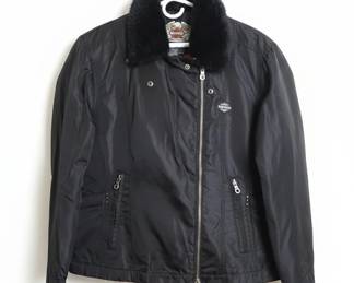 HarleyDavidson Womens Black Nylon Biker Jacket with Faux Fur Collar