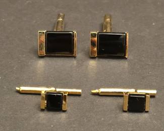 Vintage GoldTone and Black Onyx Cufflink and Stud Set
