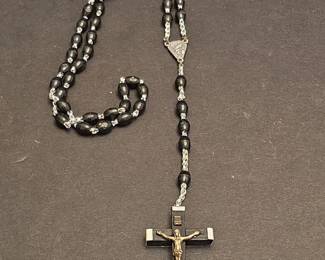 Vintage Italian Black Wooden Bead Rosary with Metal Cross