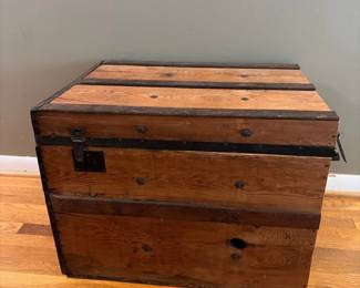 Antique Pine and Iron Steamer Trunk