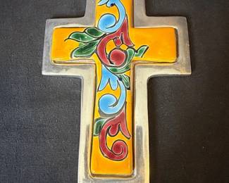 Mexican Talavera Ceramic and Brushed Metal Wall Cross