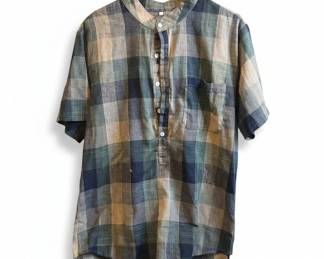 Vintage Mens Plaid Linen Blend Popover Shirt
