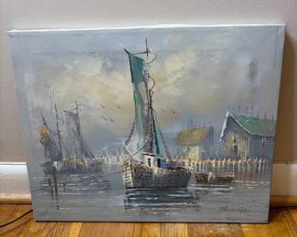 K. Thomas Signed Coastal Harbor Painting