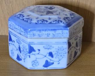Vintage Blue and White Hexagonal Porcelain Trinket Box