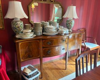 . . . awesome Mahogany antique sideboard with vintage Johnson Brothers Vogue dish set and English set of dishes